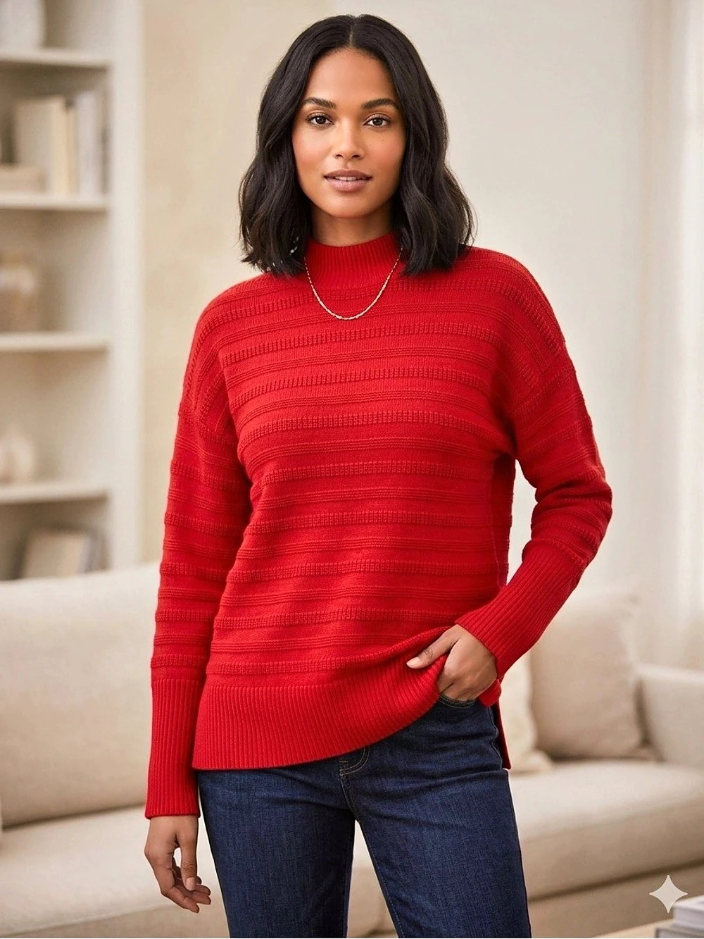 LOFT Ribbed Mock Neck Sweater Red Size Small